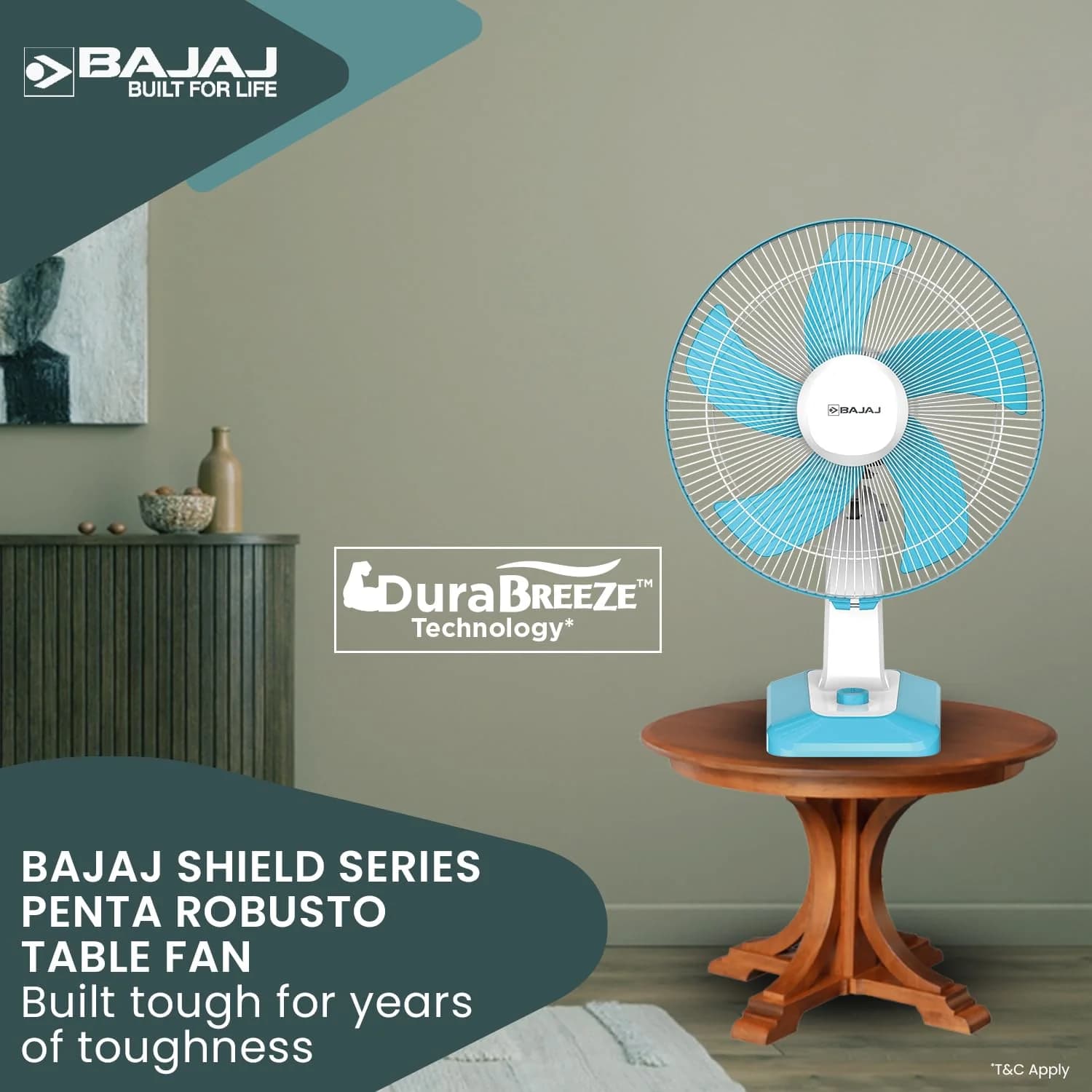 Bajaj Penta Robusto 400MM Oscillating Table Fan For Home | DuraBreezeTM Technology | Power Of 5 Blades | 100% Copper Motor | High Air Delivery | Modern Décor | 3 Years Warranty 【Icy Blue & White】
