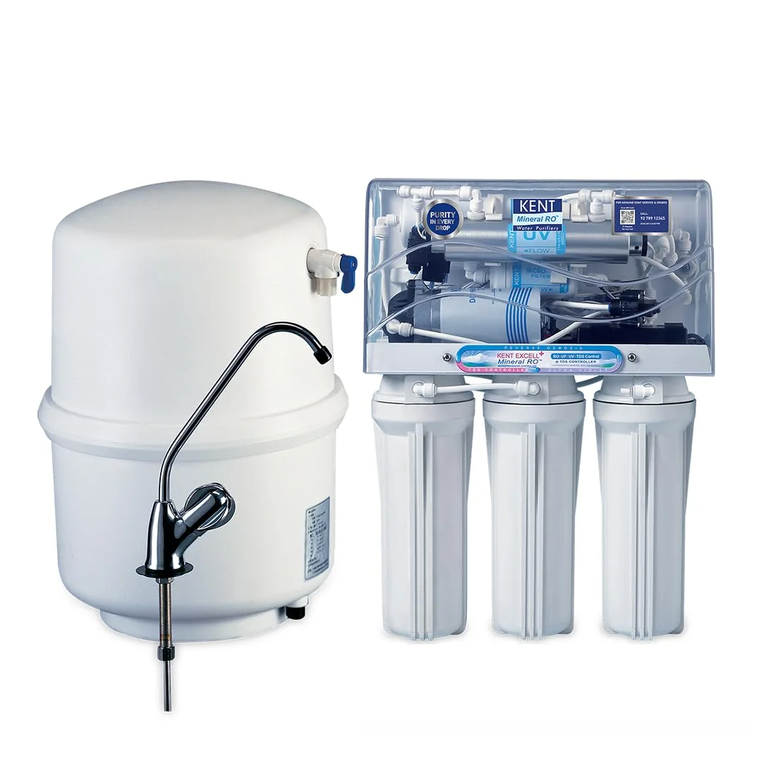 KENT Excell Plus Under the Counter RO Water Purifier Filter for Home with 7L Hydrostatic Tank | ISI Marked | Multi Stage Purification |RO + UV + UF + TDS Control | 15 LPH Flow White