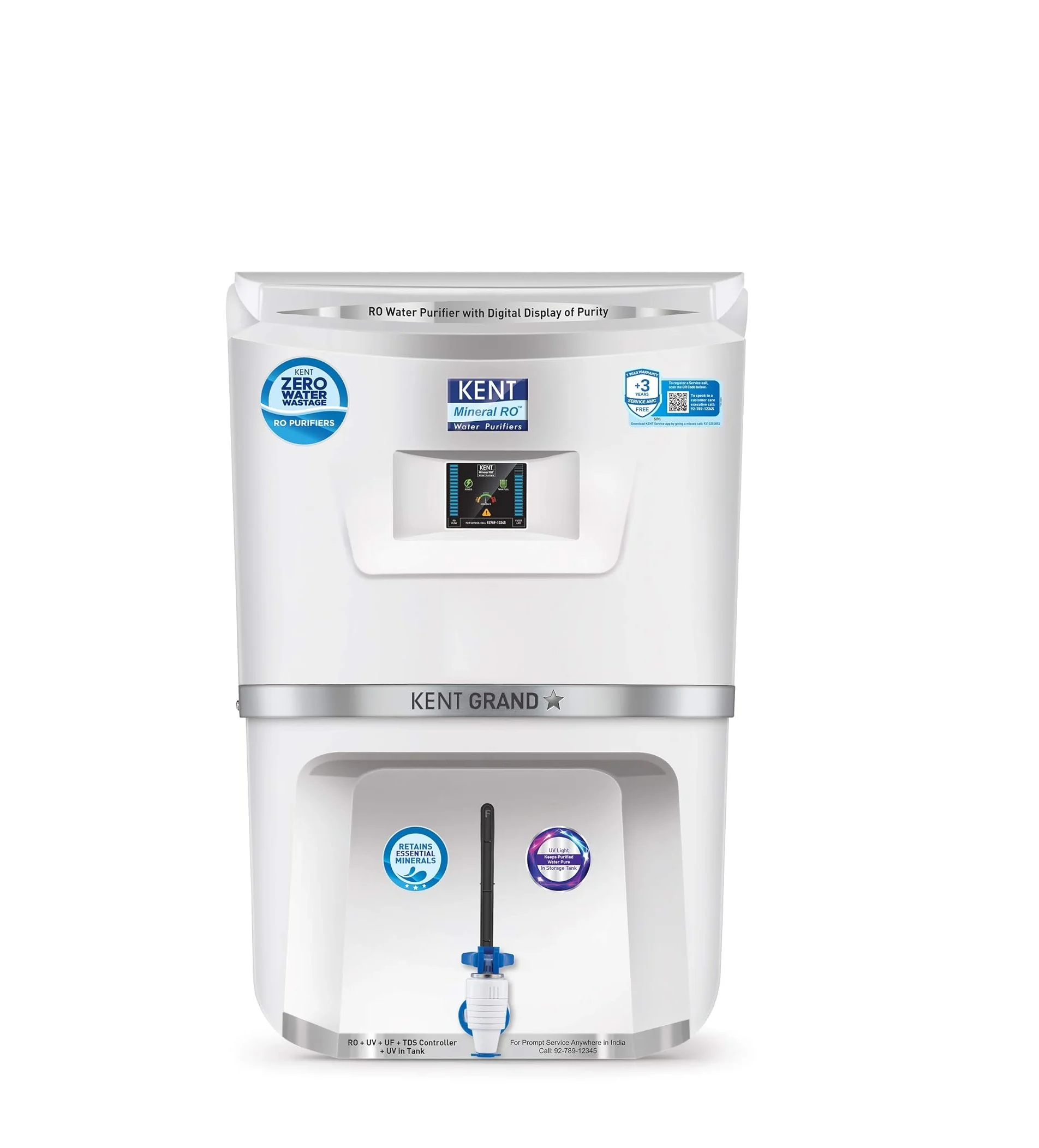 KENT Grand Star RO Water Purifier Multiple Purification Process | RO + UV + UF + TDS Control + UV LED Tank | 9L Tank | Zero Water Wastage | Digital Display
