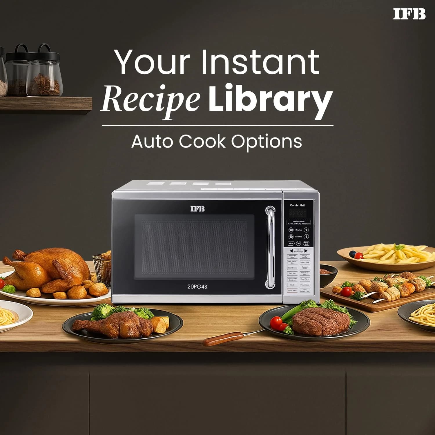 IFB 20L Grill Microwave with 61 Standard Cook Menus (20PG4S, Silver, Multi-Stage Cooking, Steam Clean, Weight Defrost, Child Safety Lock, Micro + Grill Combi-cook)