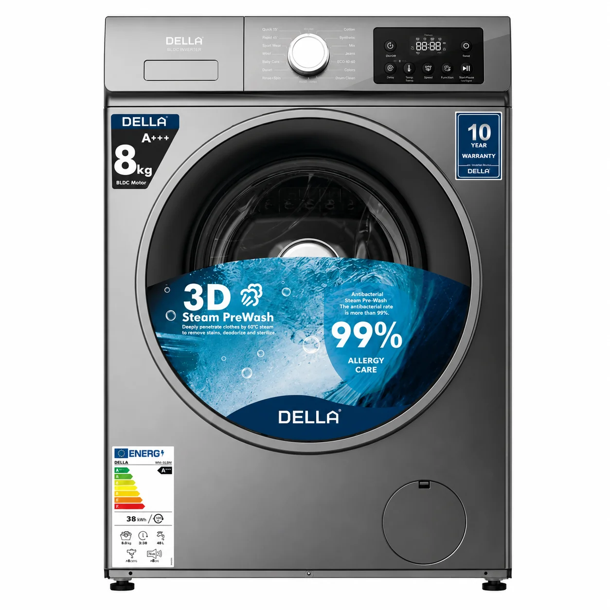 Della 8kg BLDC Inverter Motor Front Load Fully Automatic Washing Machine- DL-FLWM8012IVT