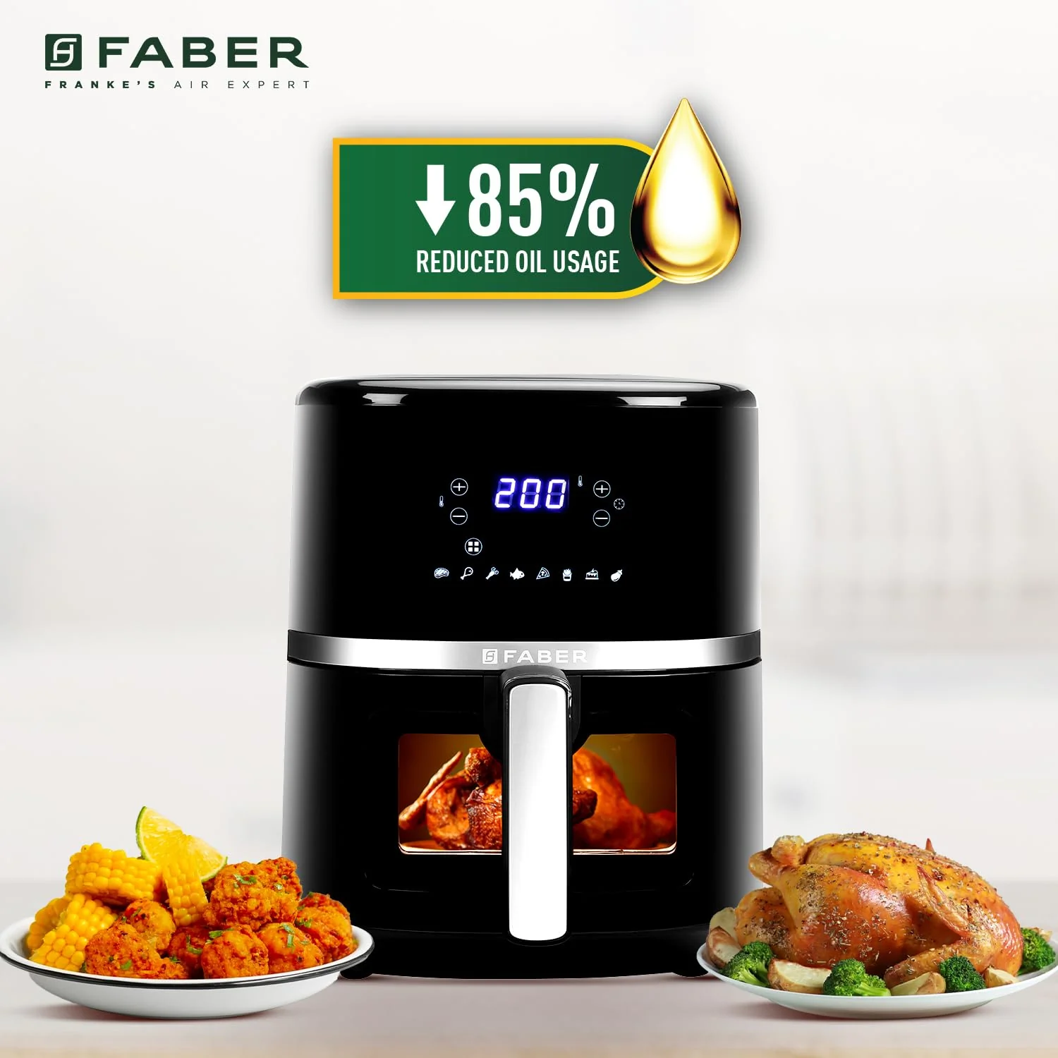 FABER 6.0L DIGITAL Air Fryer 1500W – FAF 6.0L VW BK/85% Less Oil, 360° Air Cooking | 8-Preset Menu, LED Display & Touch Control, Non-Stick Pan, View Window | (Black)