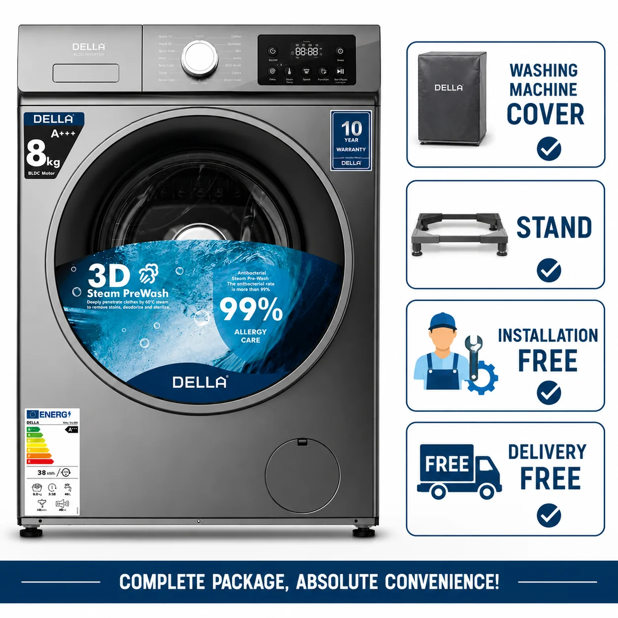 Della 8kg BLDC Inverter Motor Front Load Fully Automatic Washing Machine- DL-FLWM8012IVT