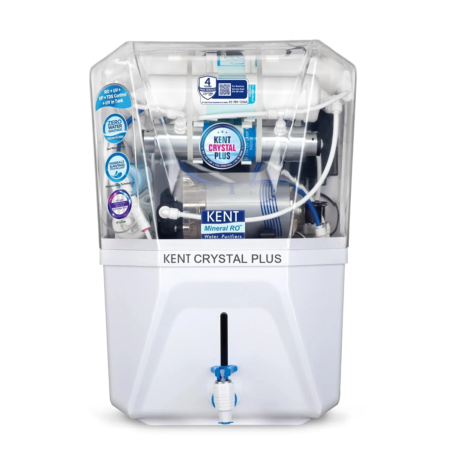 KENT Crystal Plus RO + UV + UF + TDS Control + in-Tank UV Water Purifier 11 L | 20 L/hr Water Purification | Zero Water Wastage Technology