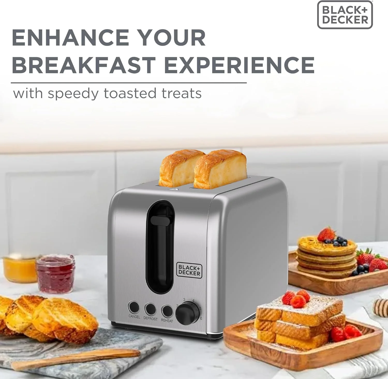 BLACK+DECKER Toaster, 2-Slice, 1050W, Stainless Steel, Dual-Side Heating, 6 Browning Levels, Defrost, Reheat, Cancel Functions, Wide 36mm Slots, Removable Crumb Tray, Sleek Design, Black - ET244-B5