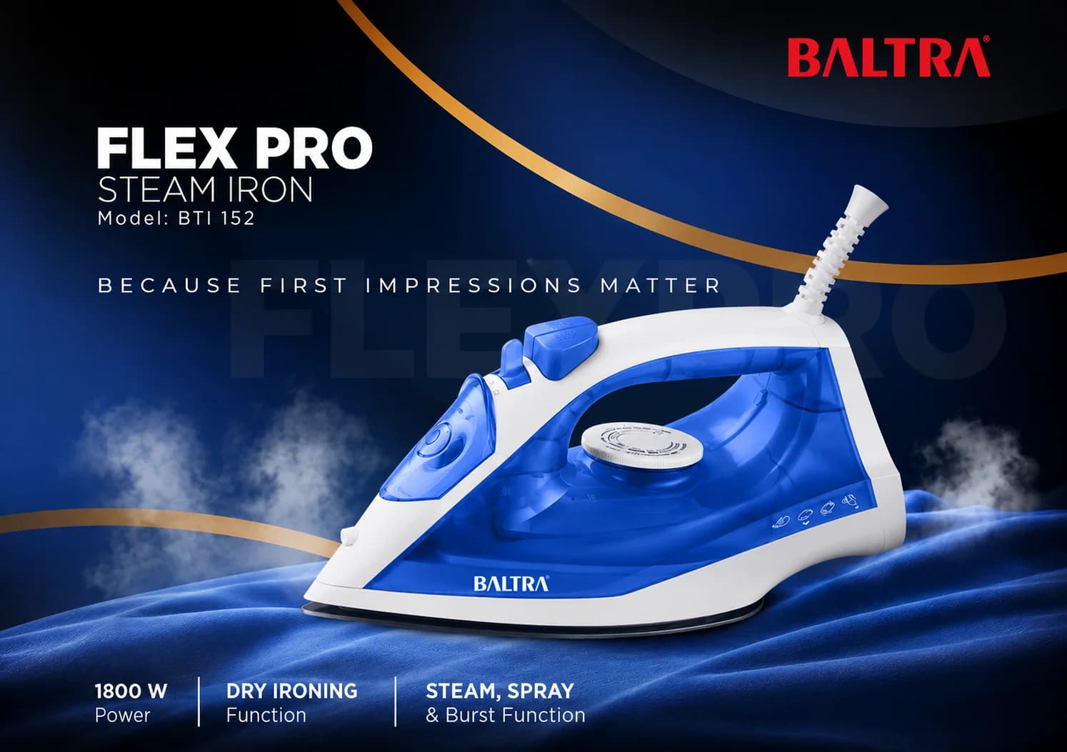 Baltra Steam iron 1800 watt Flex Pro BTI 152/ 1 year Full Service Warranty