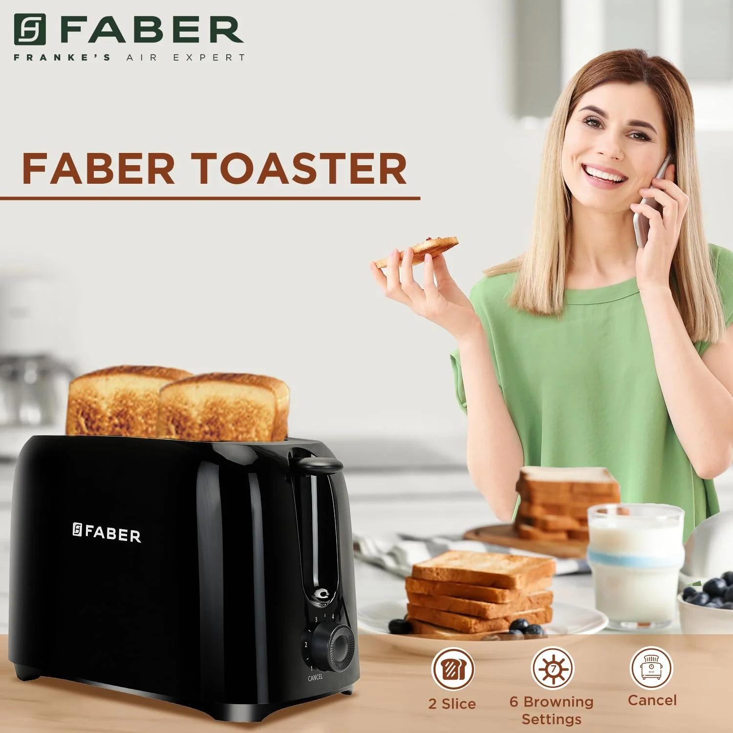 Faber 900W BK 900-Watt 2-Slice Pop-up Toaster (Black)