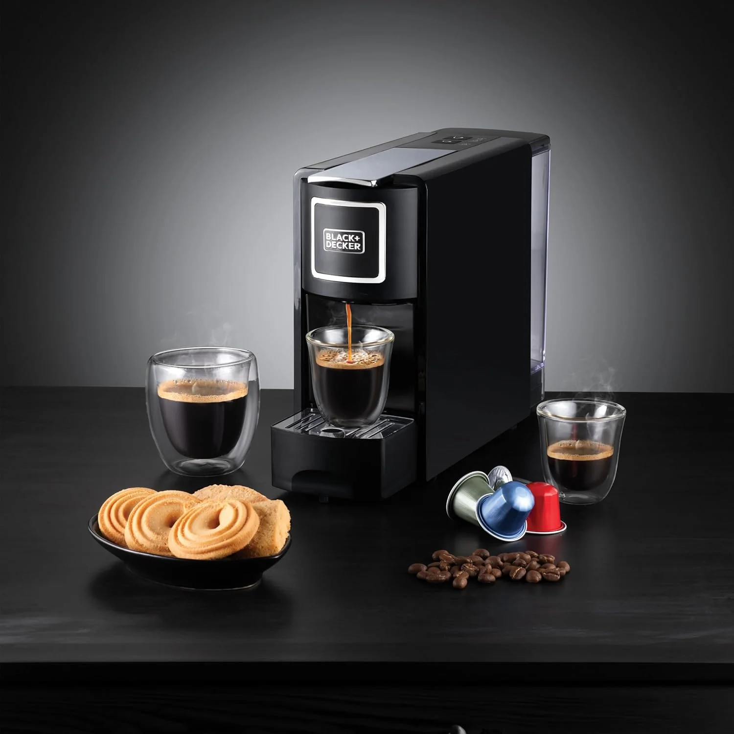 BLACK+DECKER Capsule Coffee Machine, 1140W, Compatible with Espresso Coffee Capsules, Espresso and Lungo Option, Compact Design, One-Touch Control, Fast Brewing, Removable Drip Tray, Black- CCM100-B5