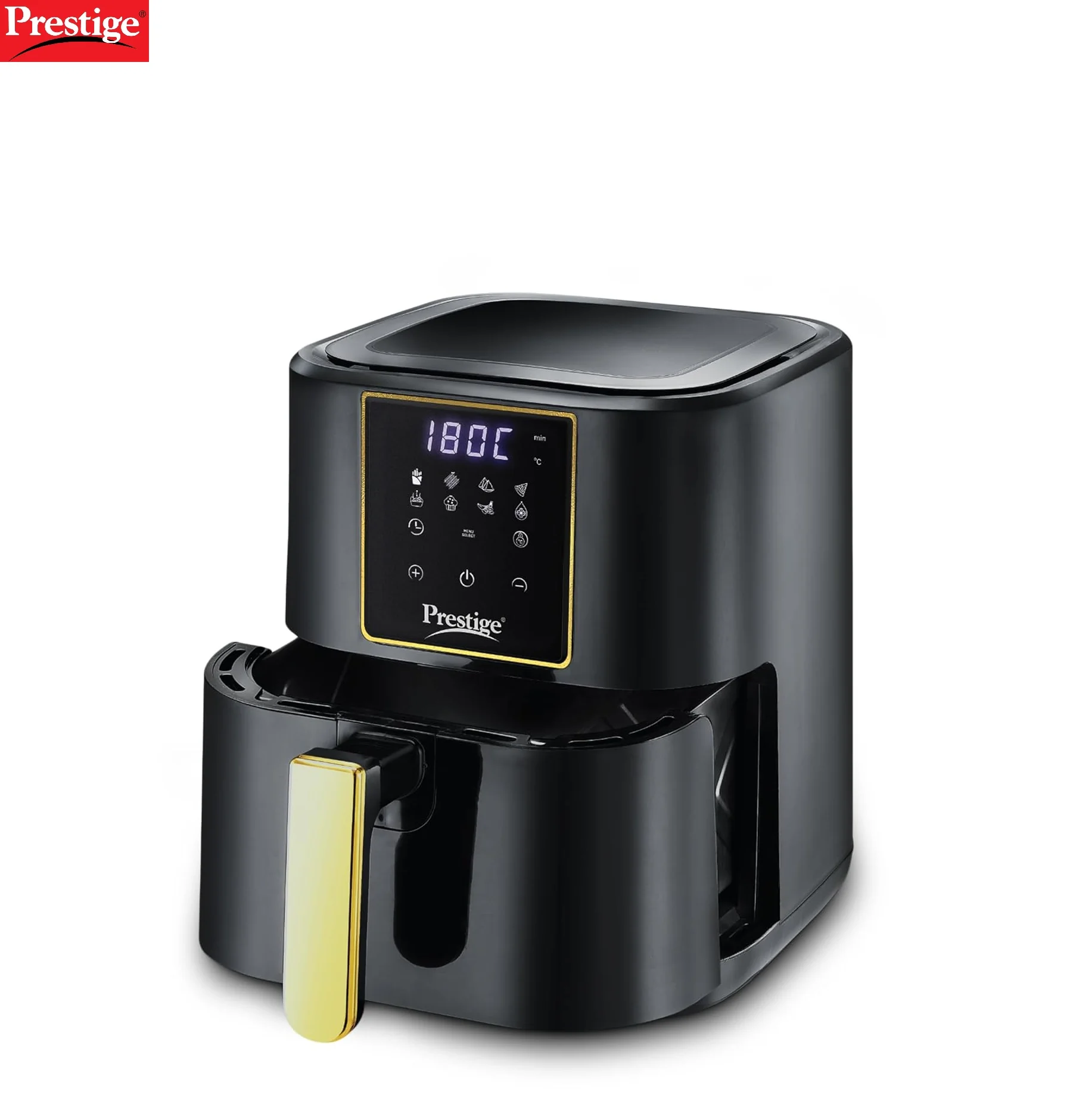 Prestige Nutrifry Electric Digital Air Fryer| 80% less Oil Consumption|4.5L Capacity |1200 Watts Power|Fry,Grill,Roast,Bake,Reheat|Digital Display with 8 Preset Menu|Easy to Clean Frying Basket|Black