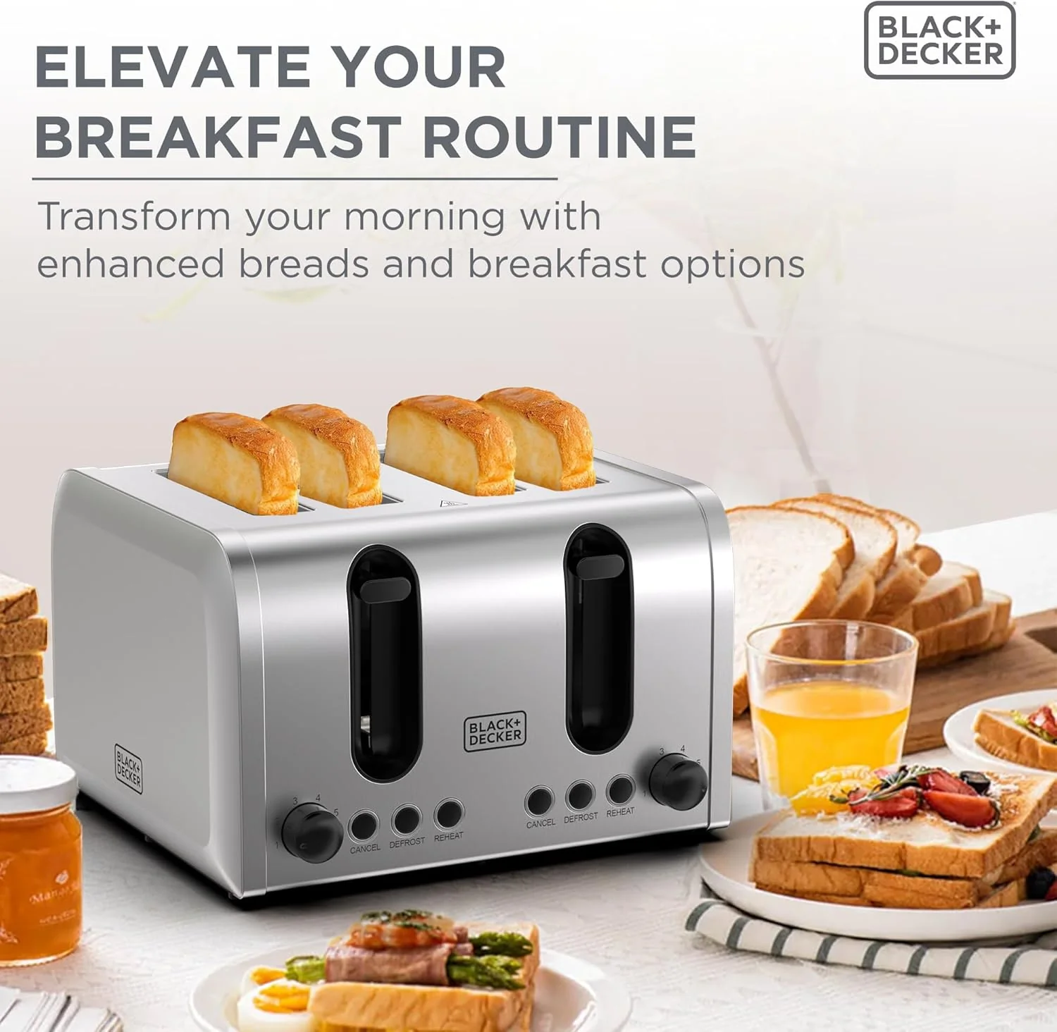 BLACK+DECKER Toaster, 4-Slice, 2100W Double-Sided Heating, 6 Browning Levels, Defrost, Reheat & Cancel Functions, Extra-Wide Slots, Dual Browning Control, Removable Crumb Tray - Silver, ET444-B5